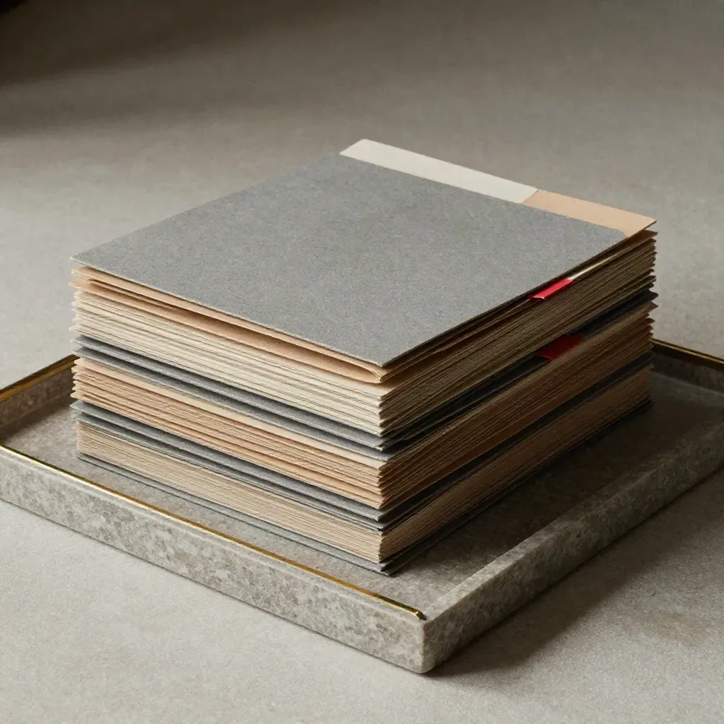 Overhead stone tray with stacked folders, red clip, and folded cloth in soft light