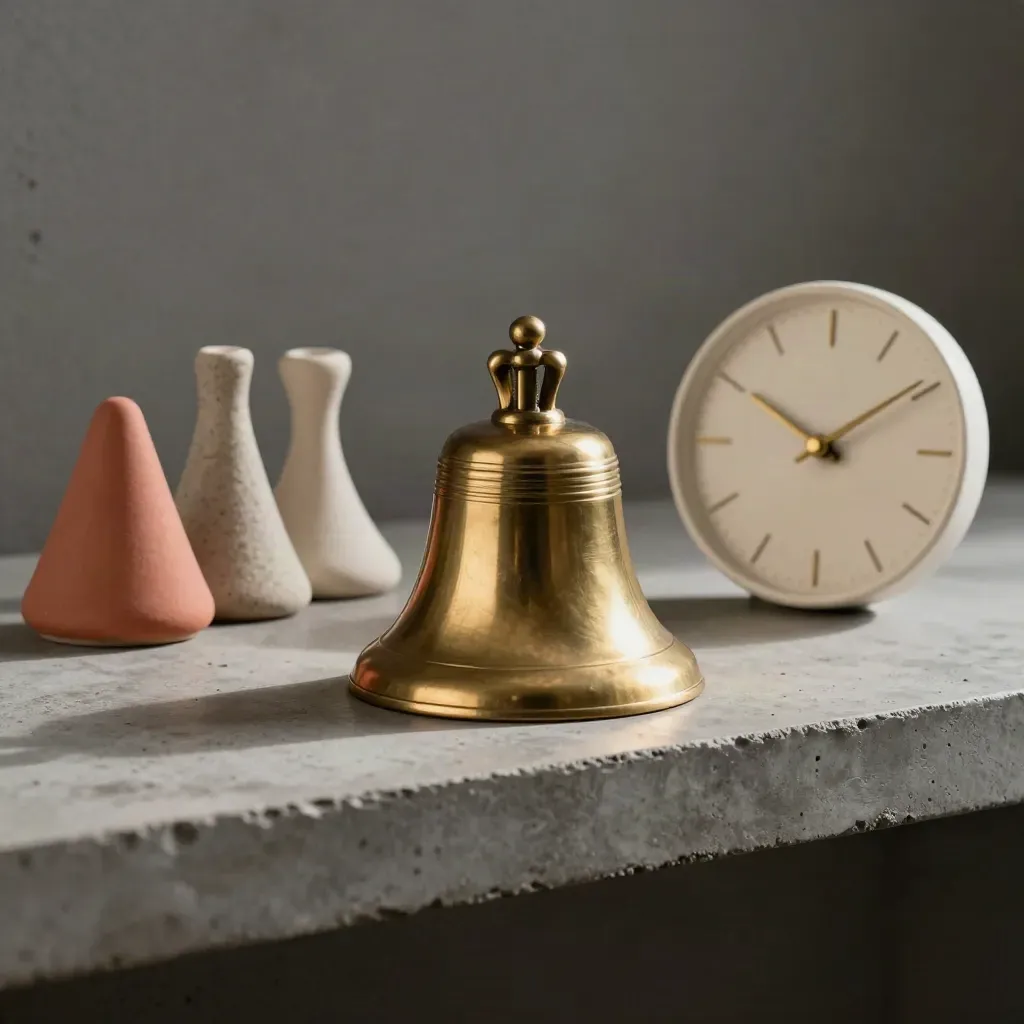 Brass bell, ceramic queue markers and clock face on concrete in soft side light.