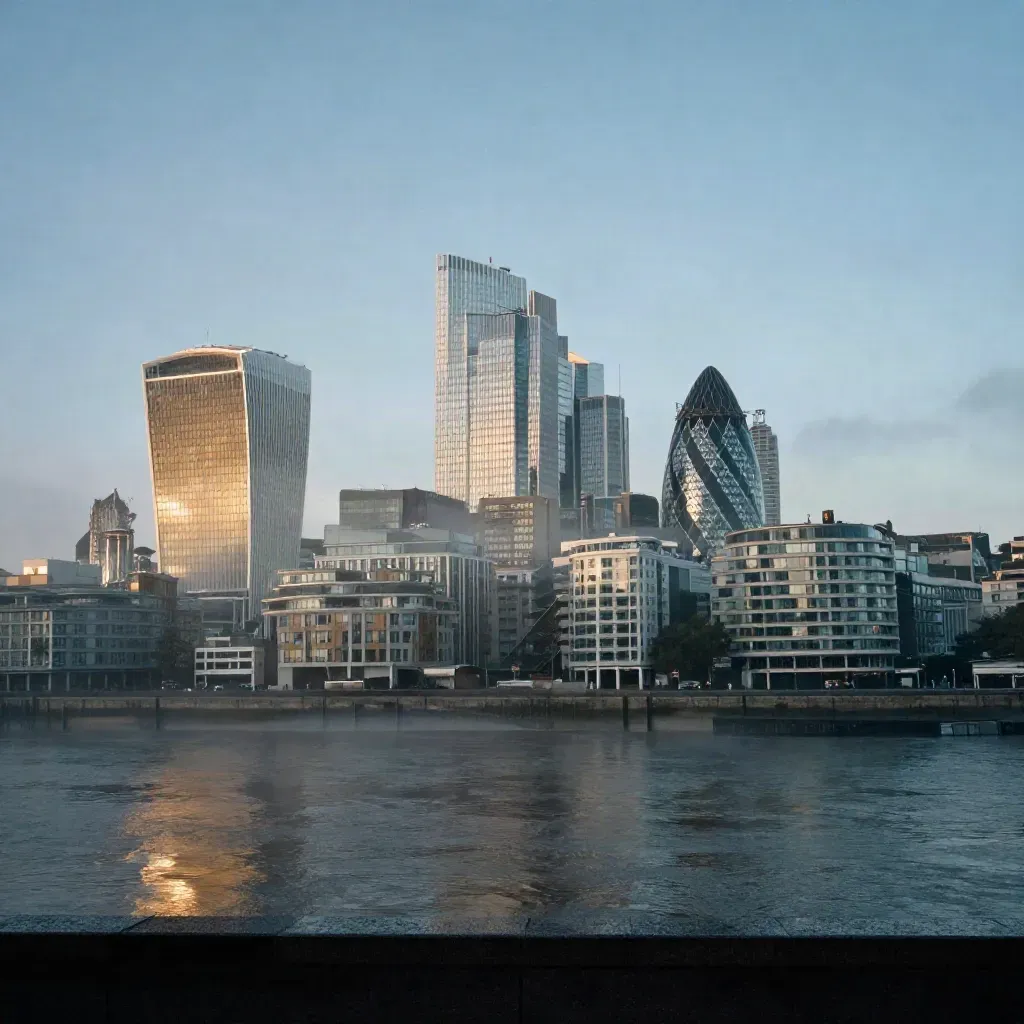 Canary Wharf towers rising from mist above the Thames at blue hour after rain.
