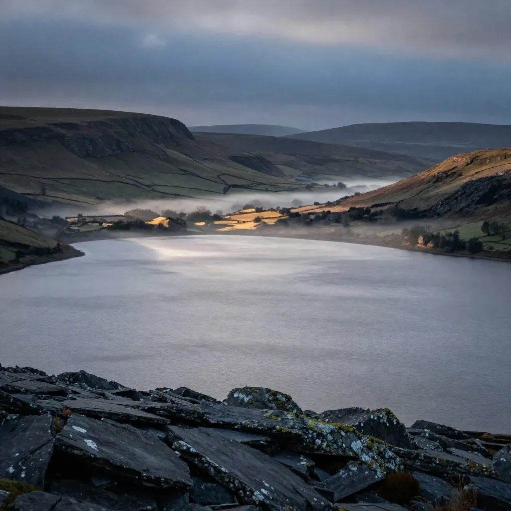 Slate ridges, silver water, and misty moorland under dramatic evening cloud
