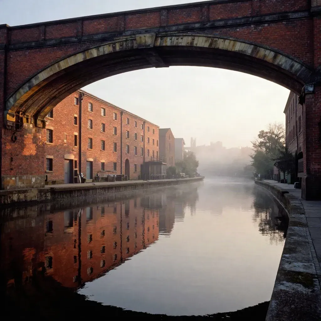 Sunlit West Midlands canal bridge and brick warehouses above calm reflective water with open misty space below