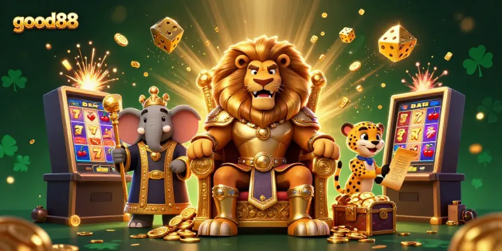 good88 showcases a vibrant casino scene with a lion king, elephant advisor, and cheetah messenger bursting with excitement.