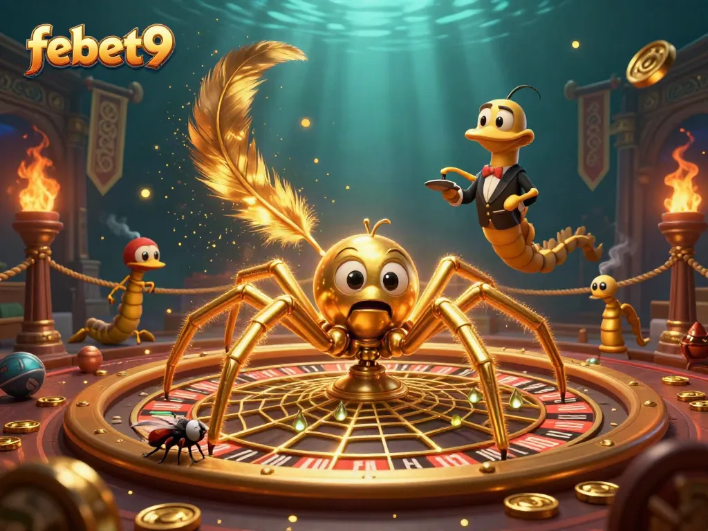 Witness the golden spider spinning bets at febet9, a spectacular 3D casino scene with vivid colors and gambling symbols.