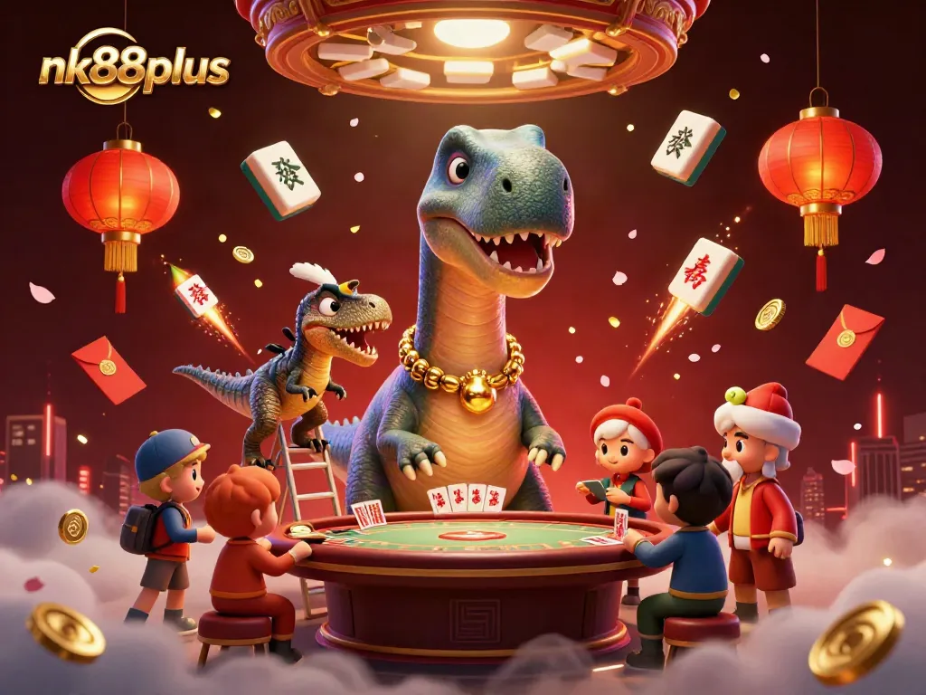 Engage with nk88plus at a dynamic casino scene featuring a brontosaurus at a poker table and festive elements.