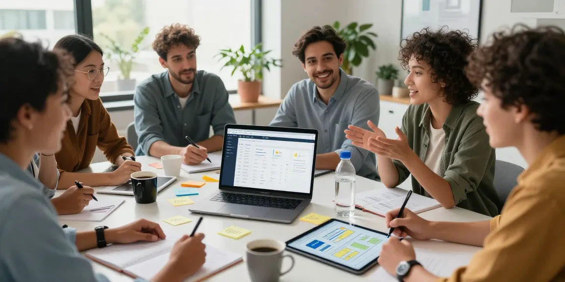 Team collaborating to build internal tools with AI in a modern office.
