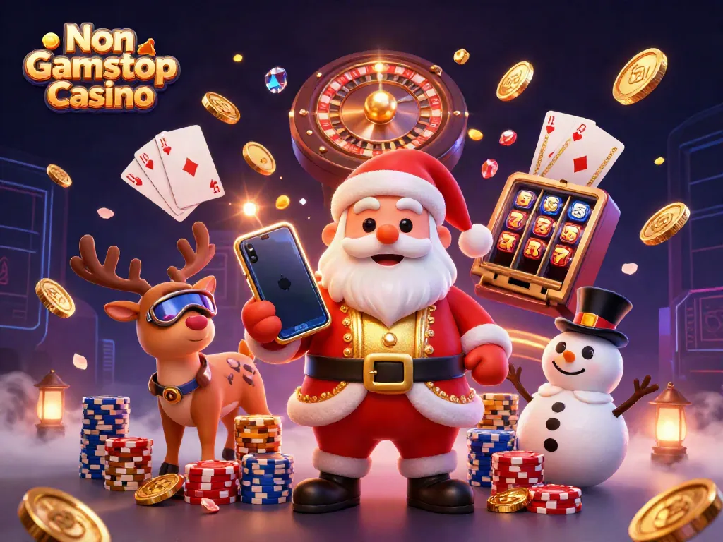 Engaging scene of Non Gamstop Casino with Santa, reindeer, and snowman amidst casino elements.