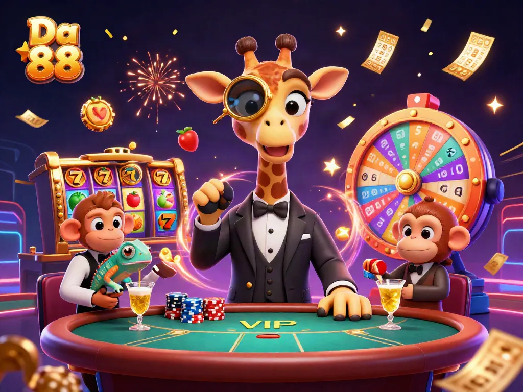 Experience the thrill of winning at Da 88 with vibrant slots, a high-roller giraffe, and dynamic gaming elements.