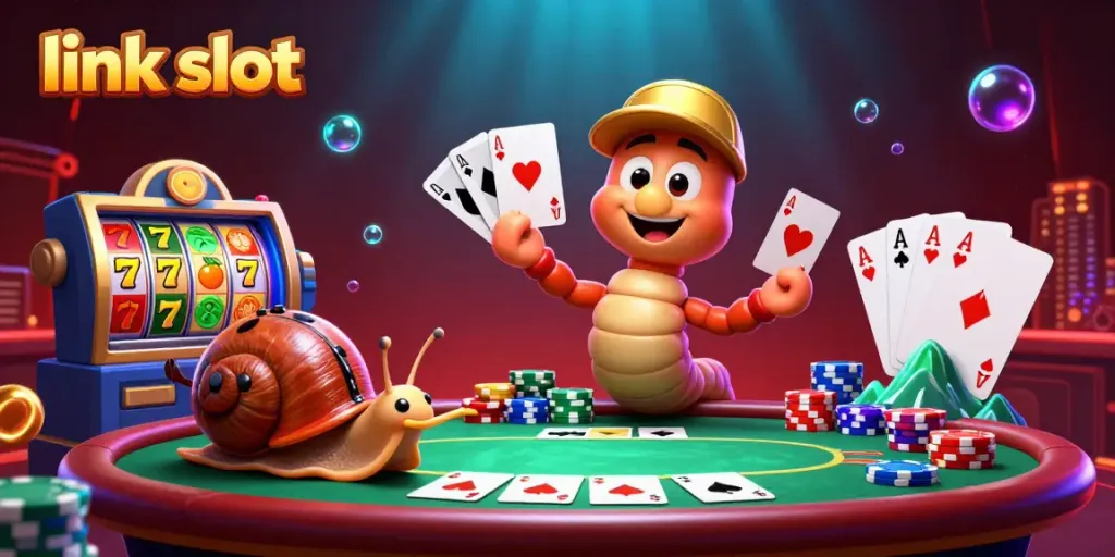 Engaging illustration of a vibrant casino scene with a millipede dealer and a link slot theme.