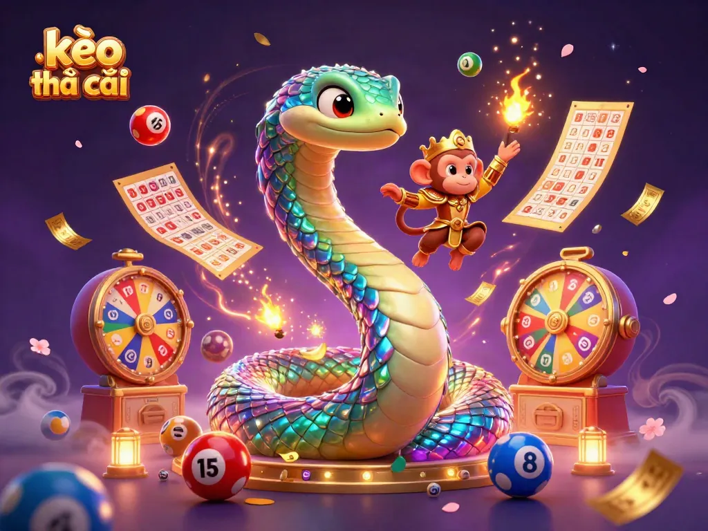 Engage with kèo nhà cái in this vibrant scene featuring a colorful rainbow serpent, a playful monkey king, and dynamic lottery elements.