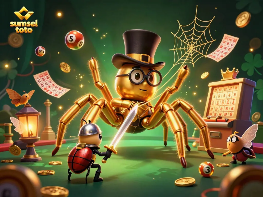 Engaging lottery scene featuring sumsel toto with a golden tarantula and beetle knight surrounded by colorful tokens.