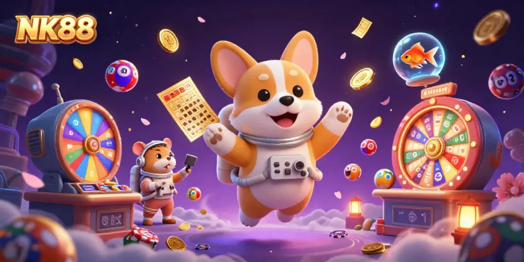 Engage in thrilling gameplay with NK88, witnessing an astronaut corgi enjoying a lively space casino.