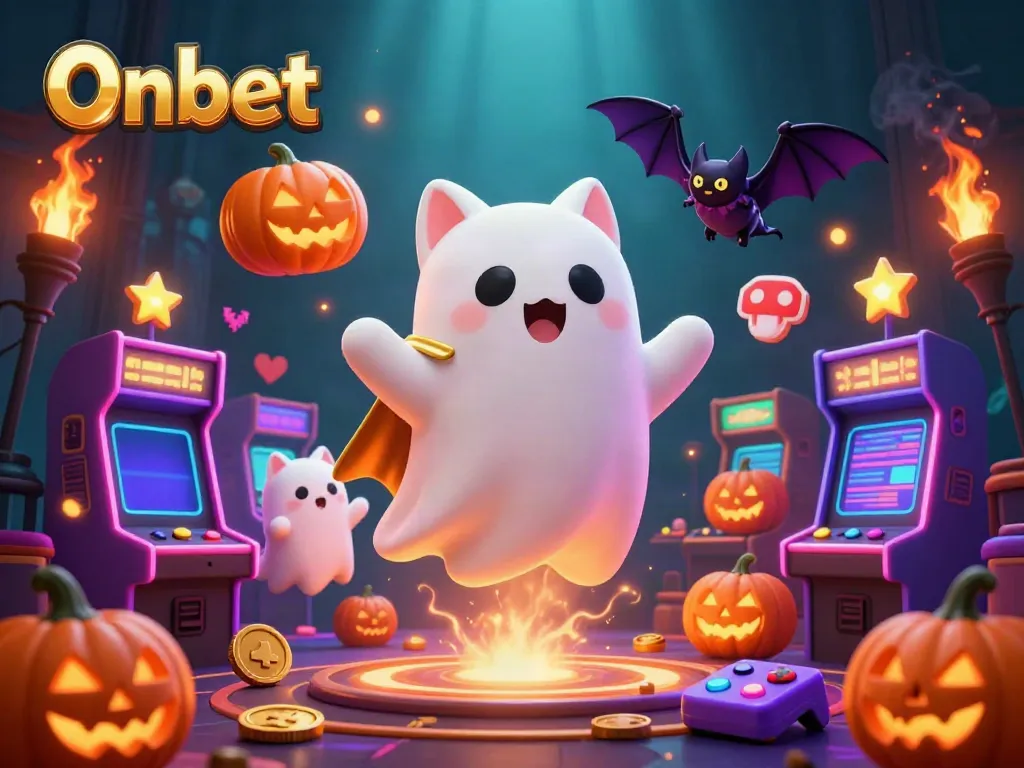 Engage with Onbet's thrilling haunted casino adventure featuring a ghost cat and vampire bat.