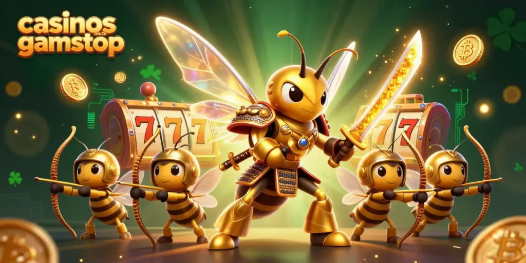 Engage with casinos not on gamstop featuring a golden hornet samurai and jackpot slot reels in an energetic casino-themed scene.