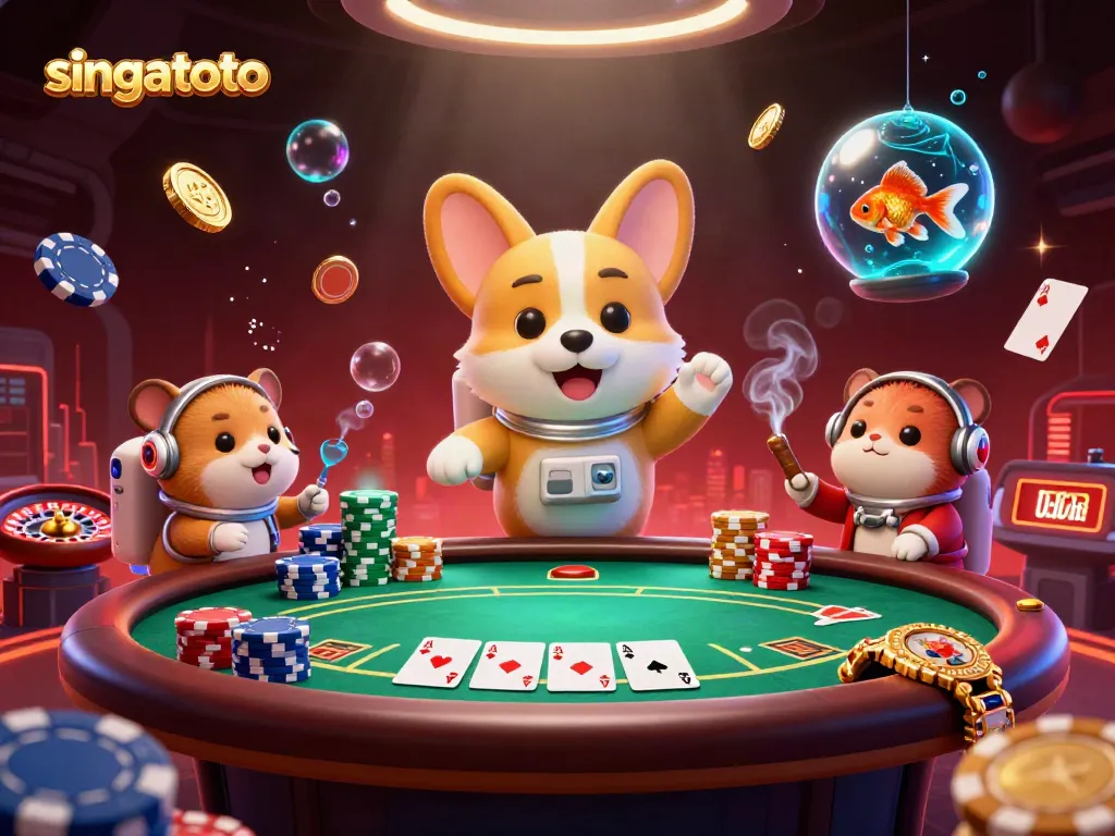 Engage with singatoto's unique casino experience featuring a cartoon corgi astronaut in a vibrant space-themed setting.