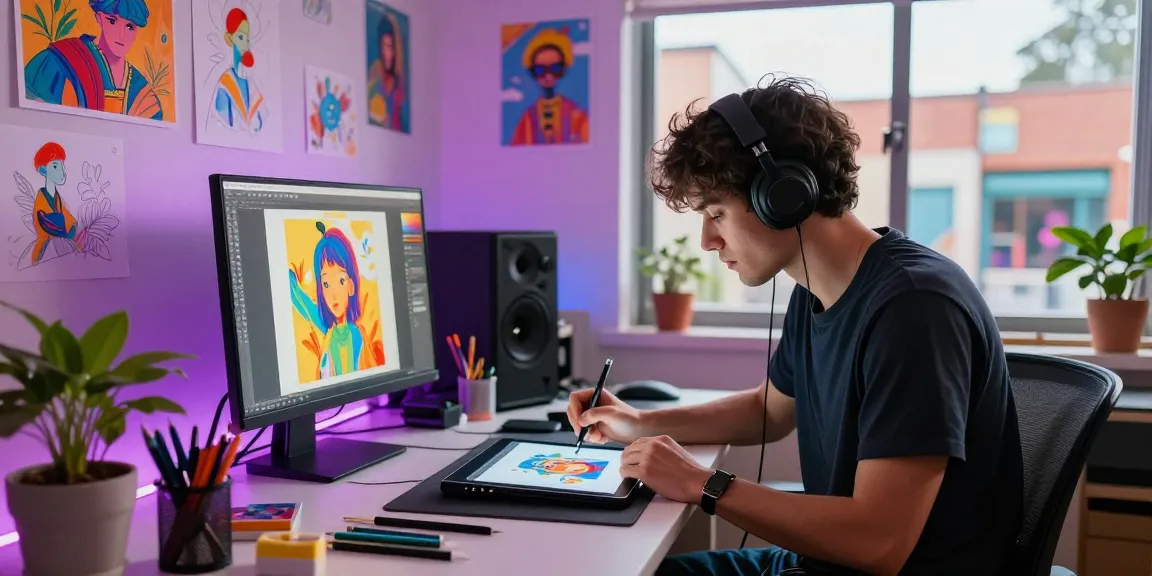 Creating 18+ ai digital artwork in a vibrant home studio.