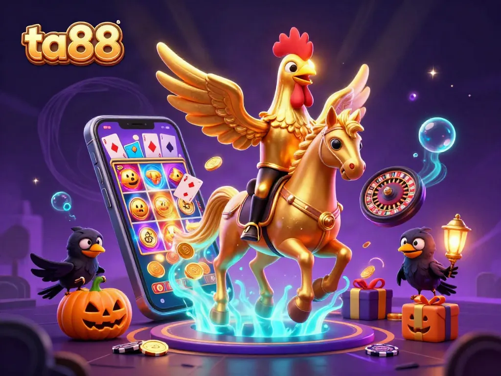 Spin thrilling slots at ta88 with a dazzling scene of a golden rooster and spooky companions.