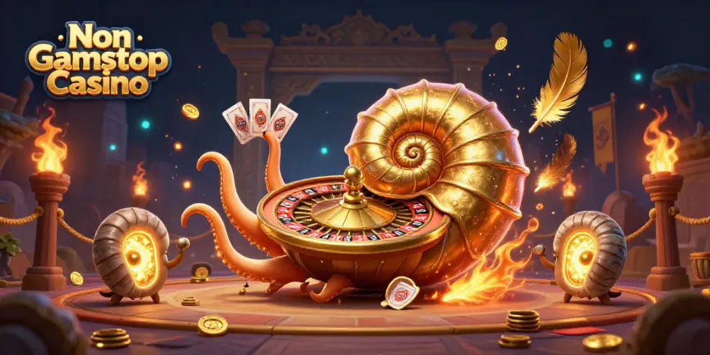 Engage in thrilling gameplay at Non Gamstop Casino with a vibrant 3D illustration of ancient casino elements.