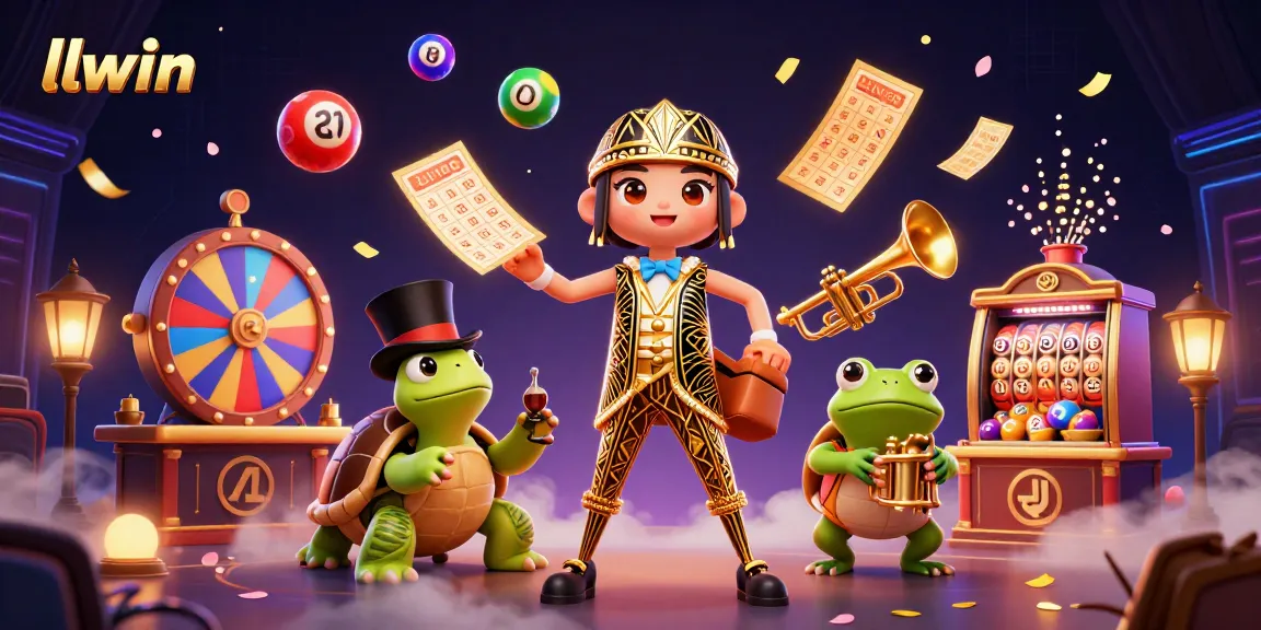 llwin's exciting playful scene with colorful lottery elements and vibrant cartoon characters in a casino setting.
