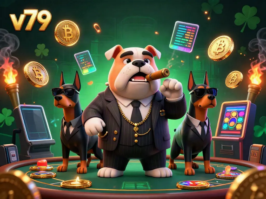 Experience thrilling gaming at v79 with a dynamic illustration of a mafia boss and bodyguards amidst Bitcoin coins and poker elements.