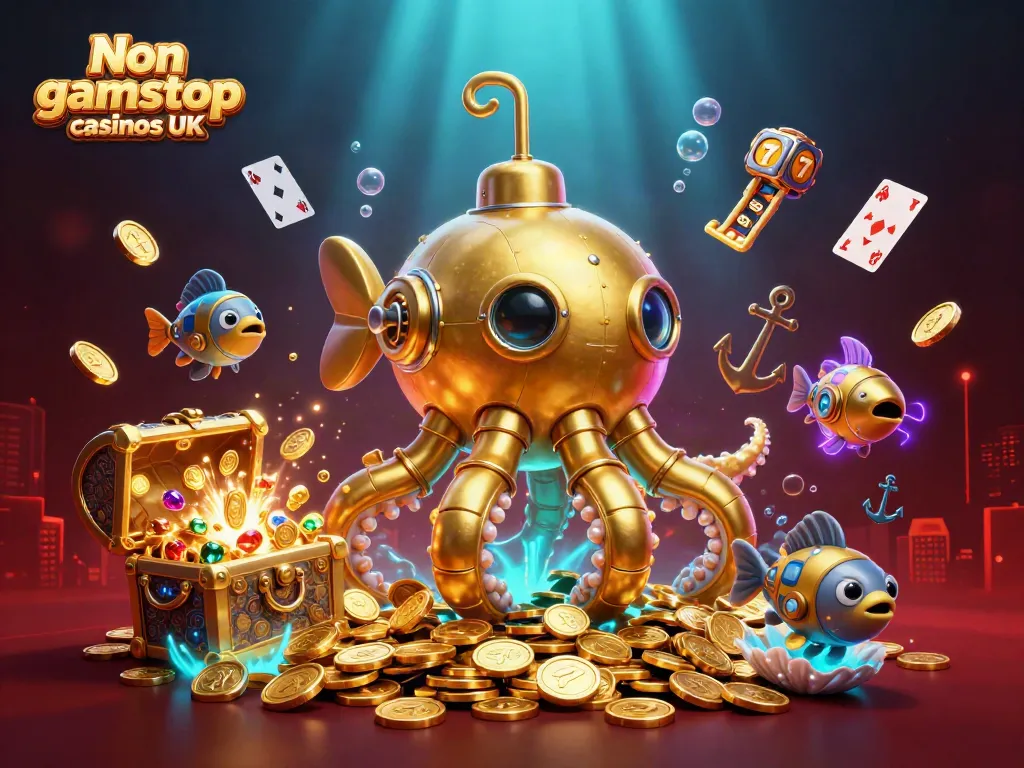 Experience dynamic gaming action at Non gamstop casinos UK featuring a golden kraken submarine amidst treasure.