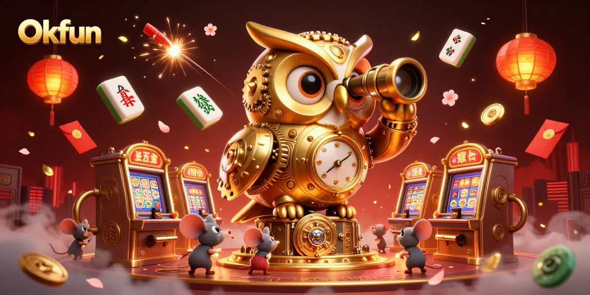 Okfun's captivating scene features a golden owl overlooking a vibrant casino filled with lively elements.