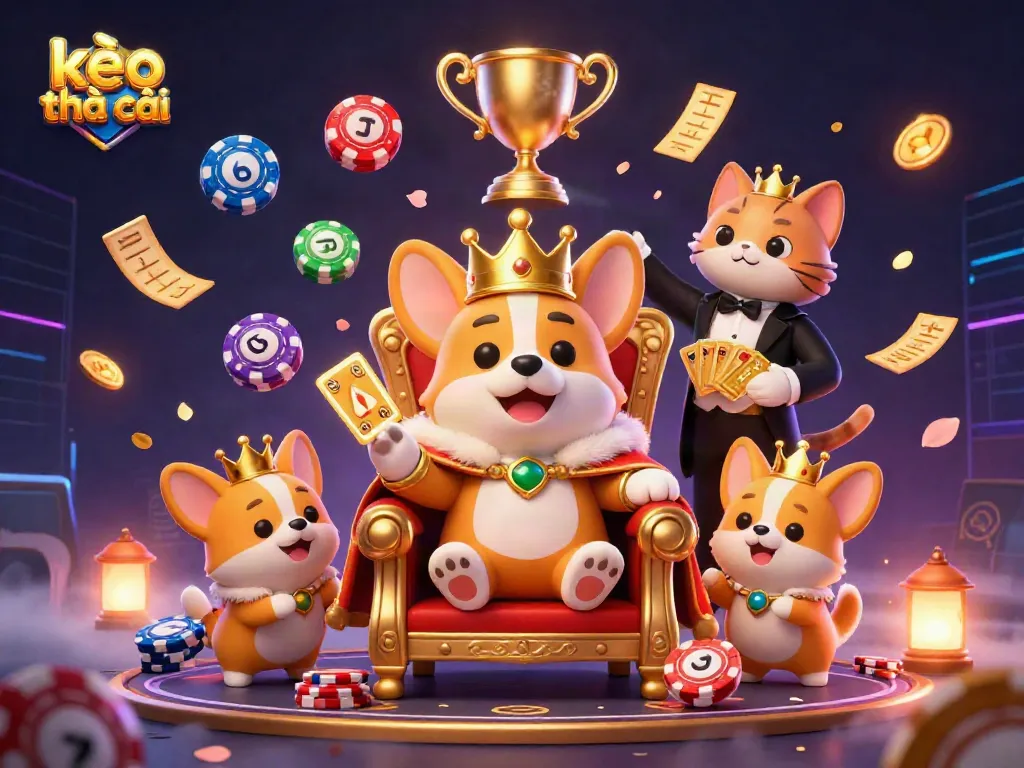 Engage in kèo nhà cái betting strategies with a charismatic royal corgi and vibrant sports elements.