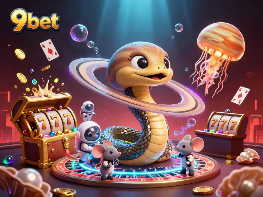 Bet big with 9bet in a vibrant casino scene featuring a roulette wheel and cosmic elements.