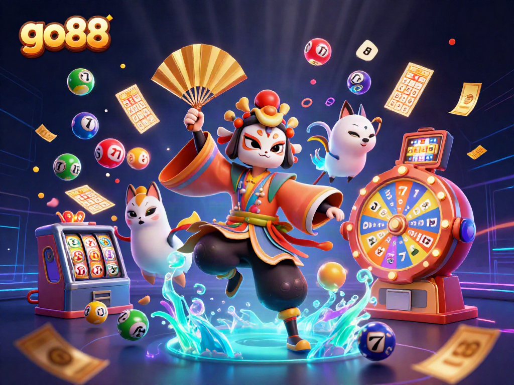 Engage with go88's vibrant casino art featuring a kabuki warrior and exciting game elements.