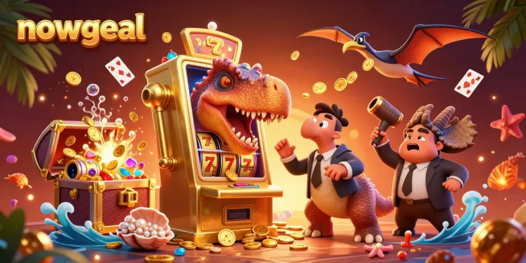 Catch golden coins at nowgoal's vibrant casino scene with animated dinosaurs and slot machine excitement.