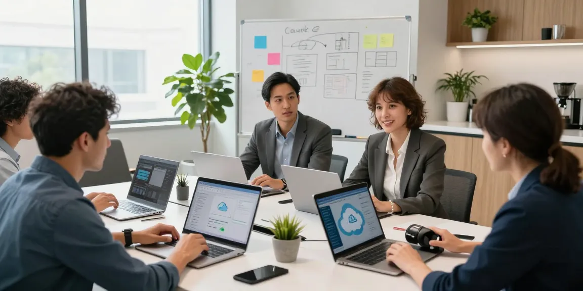 Team discussing a cloud based phone system in a modern office setting with laptops and whiteboard notes.