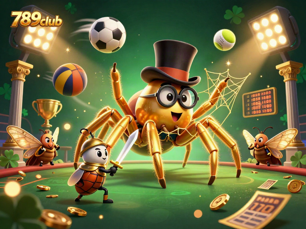 Engage with thrilling games at 789club as a golden tarantula weaves luck in an enchanting casino scene.
