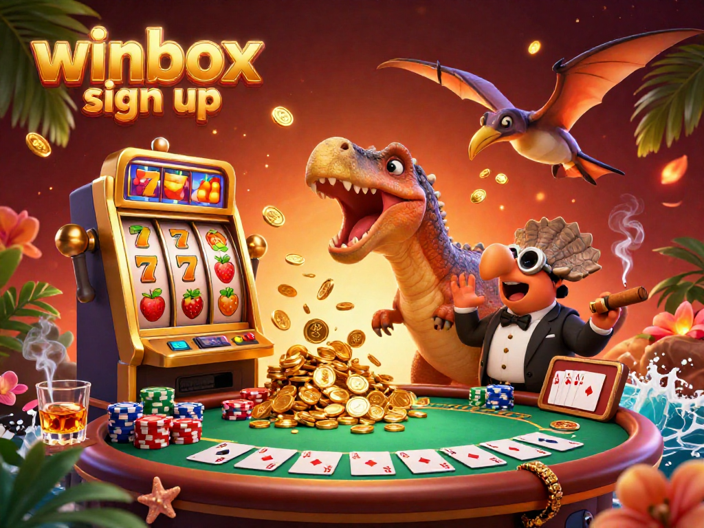 Engage in winbox sign up as a cartoon pachycephalosaurus stirs a golden slot machine, filling the air with coins.