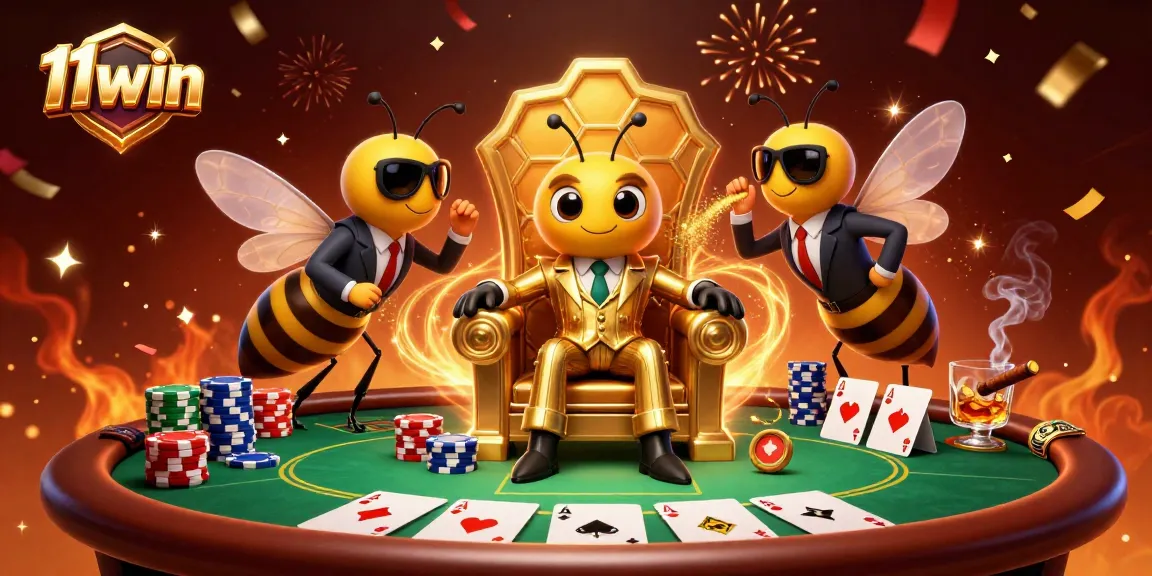 Engage with 11win's vibrant casino culture as characters celebrate around poker elements.