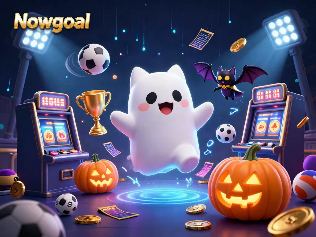 Immerse in the Nowgoal experience as the ghost cat and bat explore a haunted casino with glowing elements.