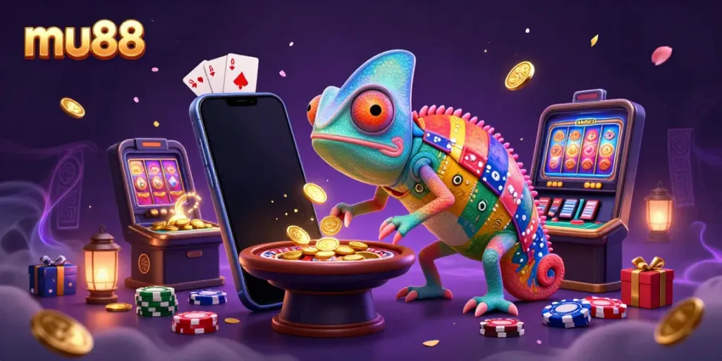 Experience vibrant casino gaming with mu88, where a chameleon owner interacts with colorful slot games and winning coins.