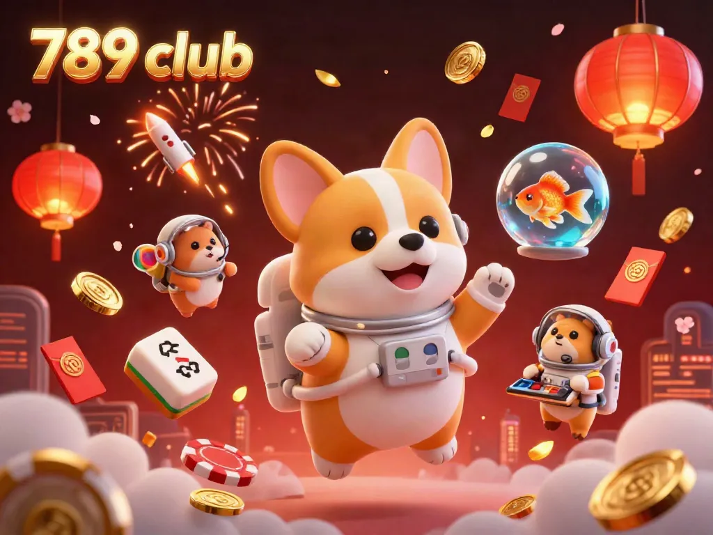 Engaging 3D illustration showcasing the 789 club with a cartoon corgi astronaut, poker chips, and vibrant casino elements.