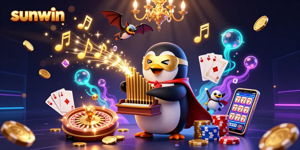 Experience the excitement of sunwin with a vibrant 3D casino scene showcasing a penguin playing an organ amidst golden coins and gaming elements.
