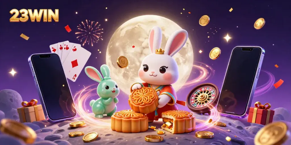 Enjoy games at 23WIN with exhilarating golden mooncakes revealing poker chips.
