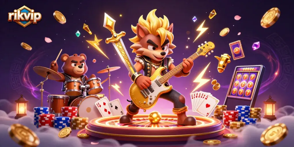 Experience thrilling gameplay with rikvip, showcasing a vibrant casino scene of winning displays and lively characters.