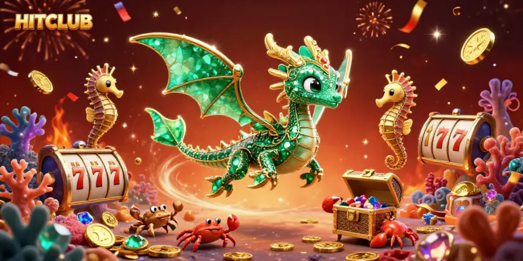 Spin the reels with HITCLUB's dazzling underwater treasure, featuring vibrant characters and casino elements.