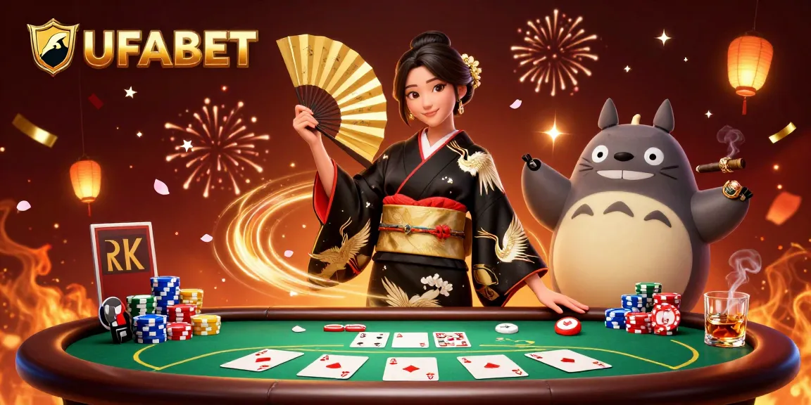 Win big with exciting UFABET games and festive poker action in this vibrant illustration.