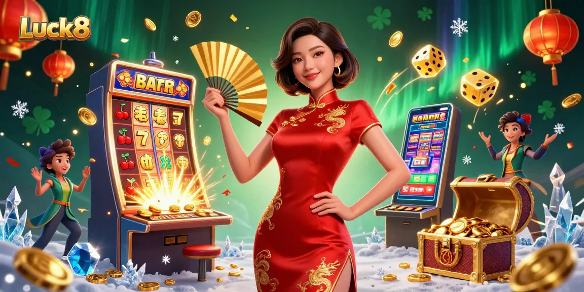 Luck8 offers exciting casino action with a beautiful Asian woman amidst cascading coins and vibrant gameplay elements.
