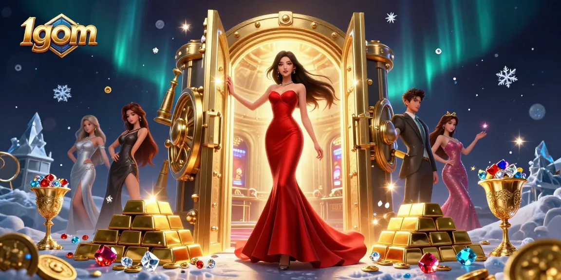 1gom unlocks lucrative betting opportunities in a luxurious casino scene filled with gems and gold.