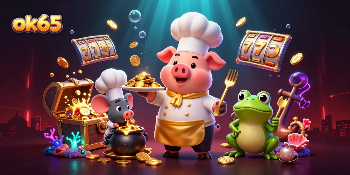 Spin slot reels with ok65 and watch the chef pig serve gold coins in a lively casino scene