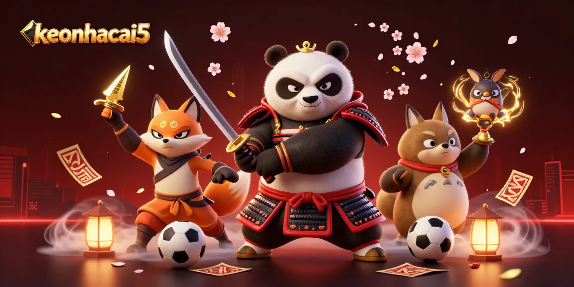 Engage with keonhacai5's dynamic scene featuring samurai panda and ninja fox amidst exciting sports betting elements.