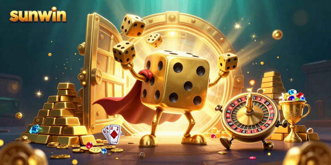 Engage with sunwin's vibrant casino scene featuring a dynamic golden dice golem and dazzling treasures.