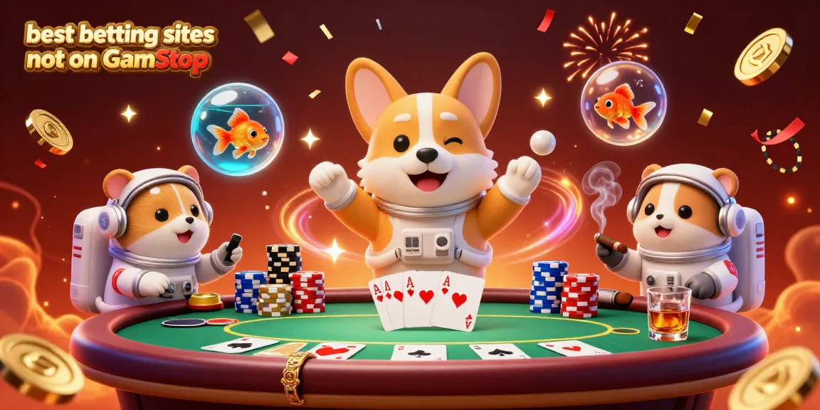 Engaging 3D illustration promoting the best betting sites not on GamStop with a whimsical astronaut corgi in a space casino.