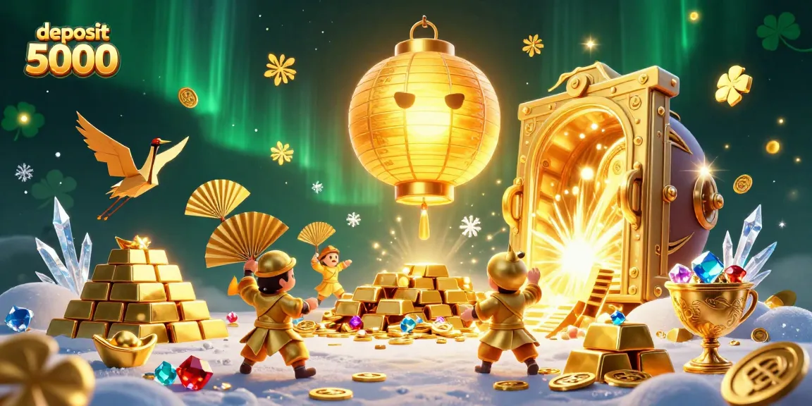 Experience the excitement of deposit 5000 slots with our vibrant 3D illustration featuring winning symbols and a treasure vault.