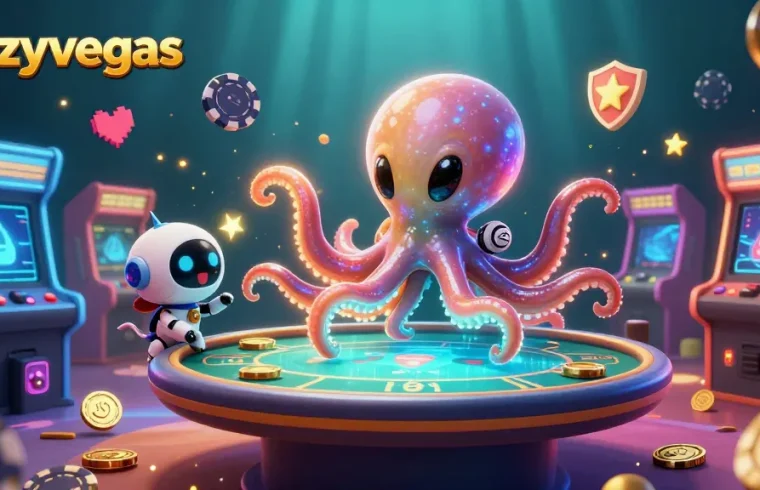 Experience the thrill of gaming at crazyvegas with an alien octopus and robot, playing poker.