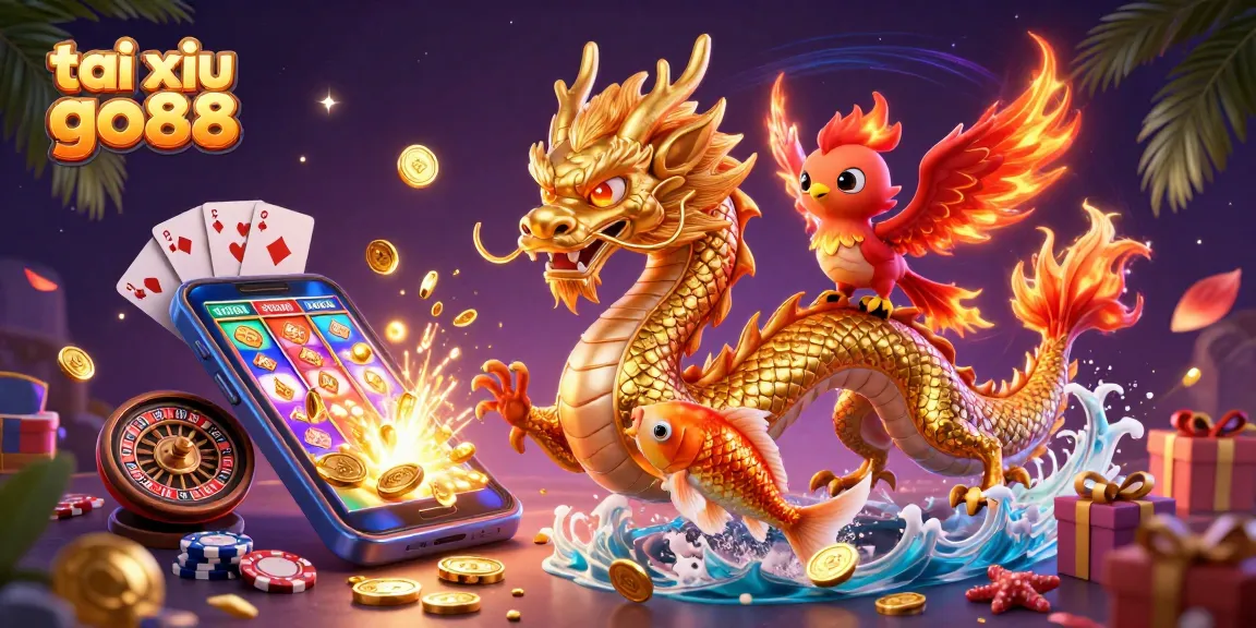 Tai xiu go88 adventure featuring a dragon, phoenix, and koi fish amidst vibrant casino elements.